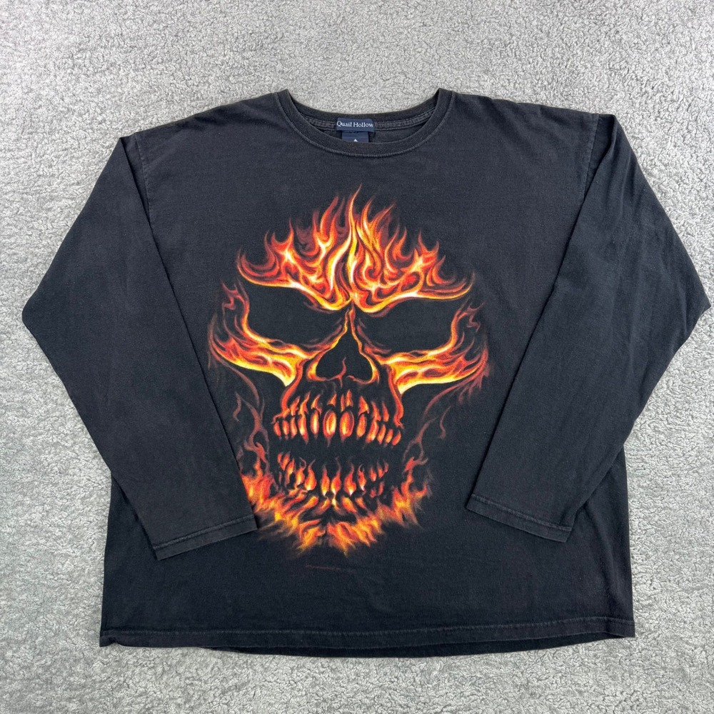 Y2K Mens XL Flaming Skull Graphic Long Sleeve T-Shirt Black Biker Edgy Hellfire